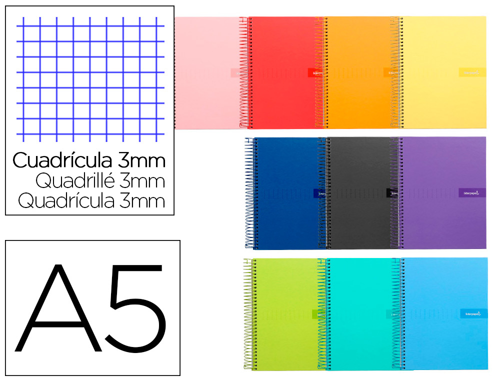 CUADERNO ESPIRAL LIDERPAPEL A5 CRAFTY TAPA FORRADA 80H 90 GR CUADRO 3MM CON MARGEN COLORES SURTIDOS
