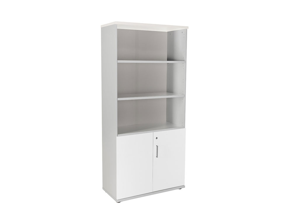 ARMARIO ROCADA CON CUATRO ESTANTES Y DOS PUERTAS INFERIORES SERIE STORE 195X90X45 CM ACABADO GRIS/BCO