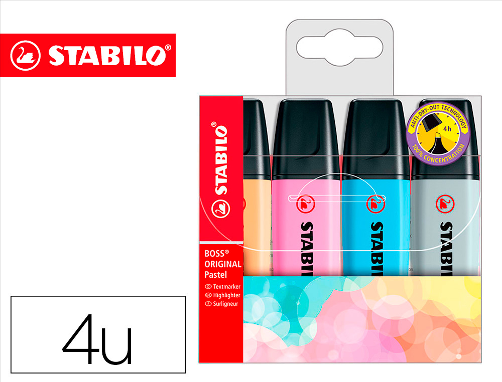 ROTULADOR STABILO BOSS FLUORESCENTE 70 PASTEL ESTUCHE DE 4 UNIDADES COLORES SURTIDOS