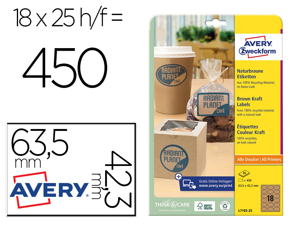 ETIQUETA ADHESIVA AVERY KRAFT EFECTO CARTON OVALADA 63,5X42,3 MM REMOVIBLE LASER INK-JET CAJA DE 320 UNIDADES