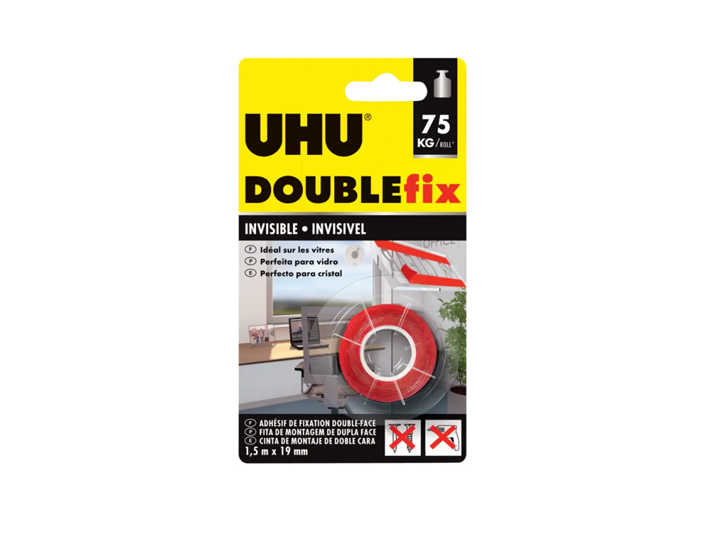 CINTA ADHESIVA UHU DOUBLEFIX INVISIBLE DOBLE CARA EXTRA FUERTE 1,5 MT X 19 MM
