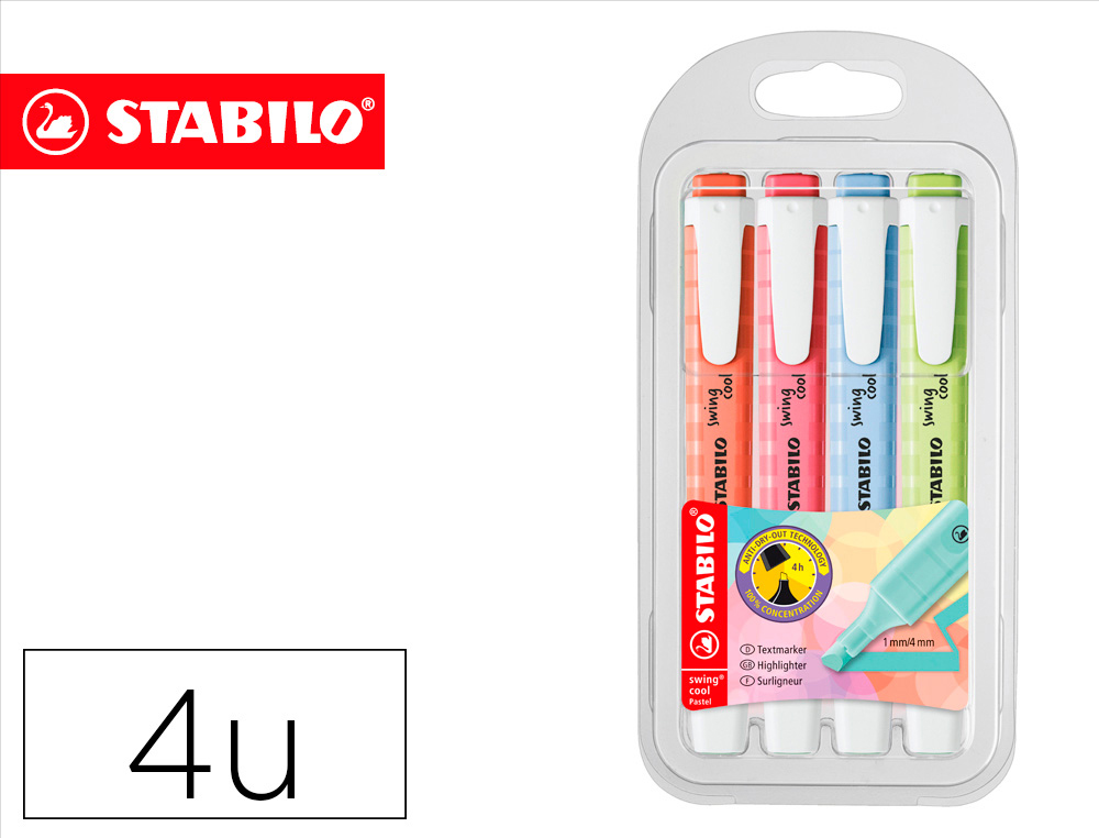 ROTULADOR STABILO FLUORESCENTE FINO SWING COOL PASTEL ESTUCHE DE 4 UNIDADES COLORES SURTIDOS