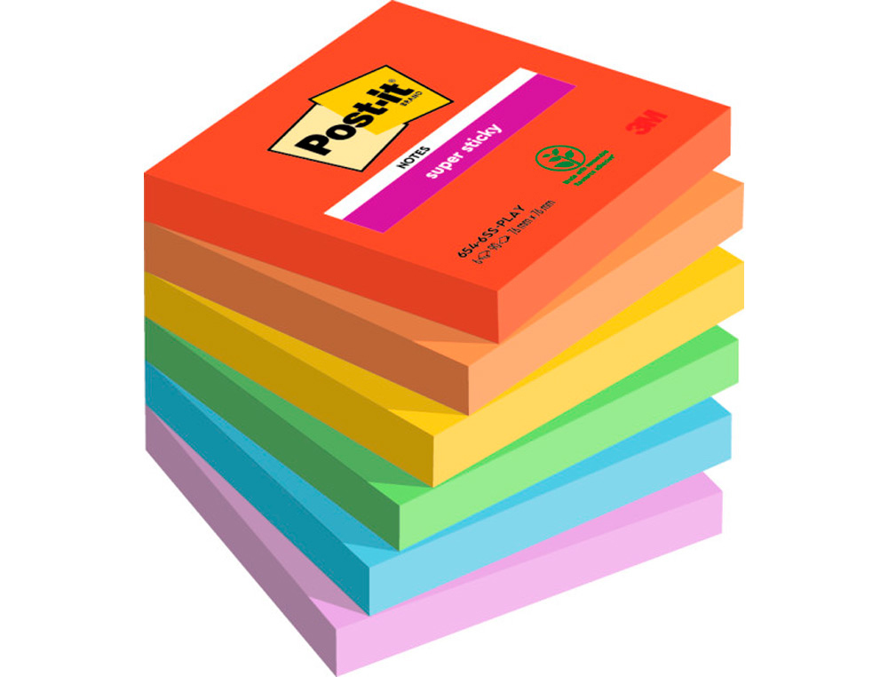 BLOC DE NOTAS ADHESIVAS QUITA Y PON POST-IT SUPER STICKY PLAYFUL 76X76 MM 90 HOJAS 100% PEFC PACK DE 6 UNIDADES