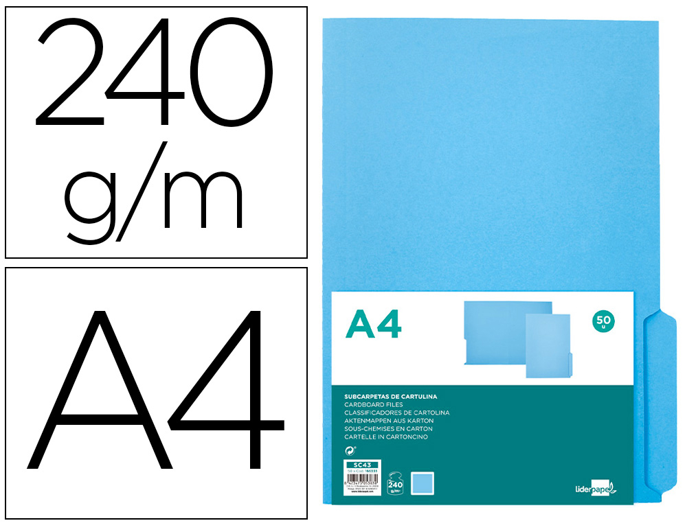 SUBCARPETA CARTULINA LIDERPAPEL DIN A4 PESTAA DERECHA 240G/M2 AZUL