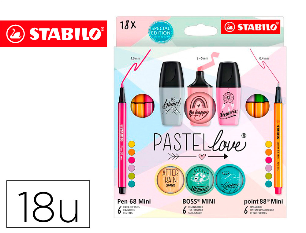 SET STABILO PASTEL LOVE MINI WORLD PEN 68 / POINT 88 / BOSS 18 UNIDADES SURTIDAS