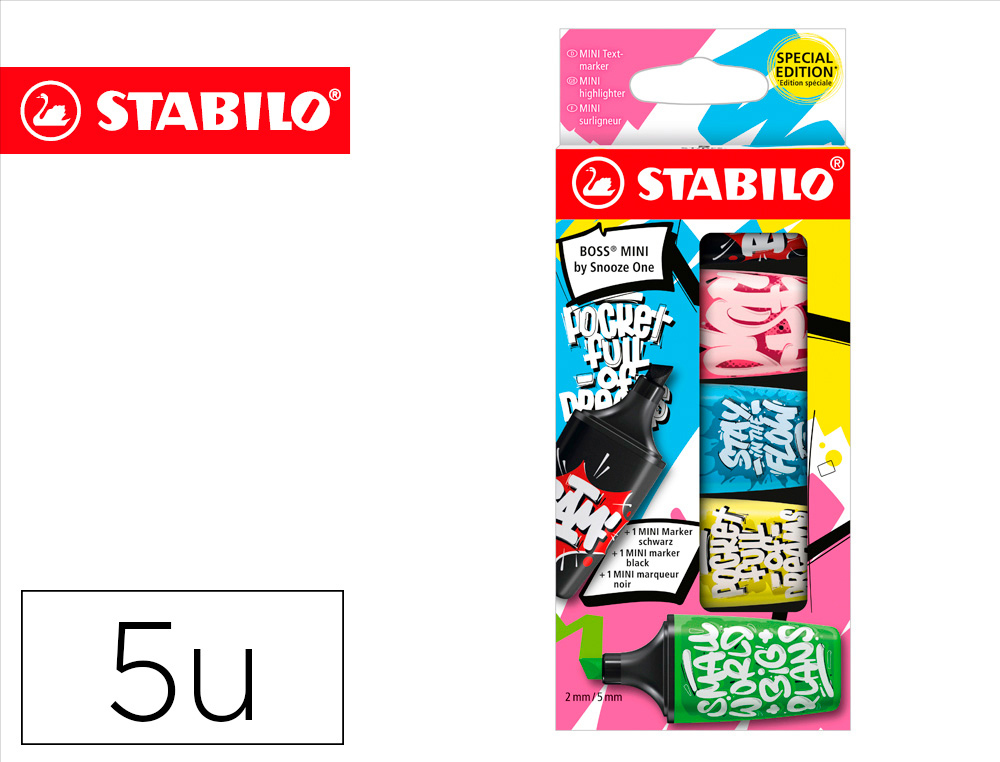 ROTULADOR STABILO BOSS MINI FLUORESCENTE BY SNOOZE ONE ESTUCHE DE 5 UNIDADES COLORES SURTIDOS