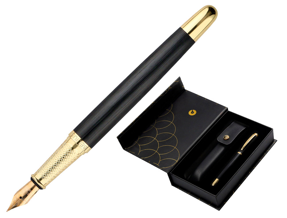 PLUMA Y ESTUCHE CUERO BELIUS PASSION DOR ALUMINIO TEXTURA CEPILLADA COLOR NEGRO Y DORADO TINTA AZUL CAJA DISEO