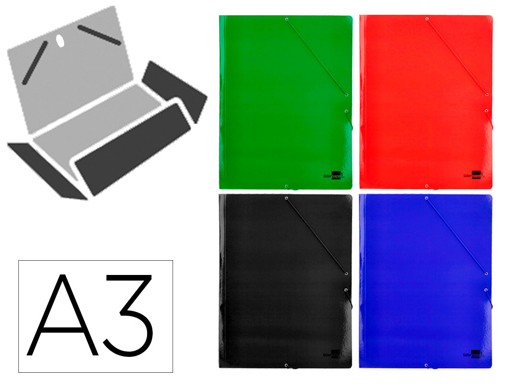 CARPETA LIDERPAPEL GOMAS TRES SOLAPAS CARTON PLASTIFICADO 800 GR DIN A3 COLORES SURTIDOS