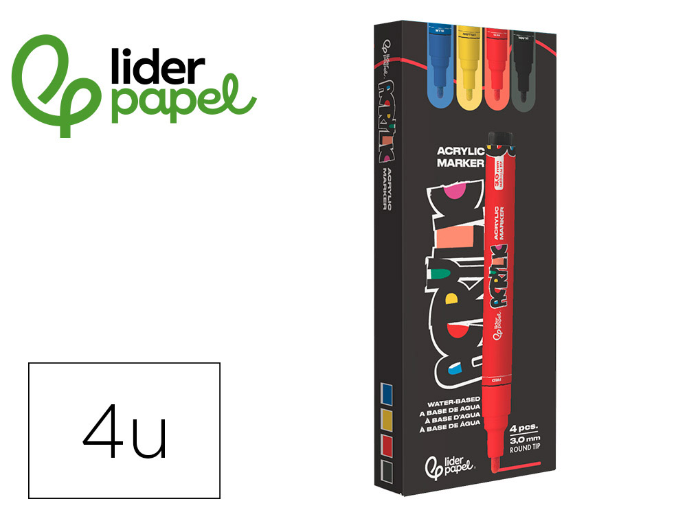 ROTULADOR LIDERPAPEL ACRYLIC BASE AGUA TODO TIPO DE SUPERFICIE PUNTA REDONDA 3 MM CAJA DE 4 UNIDADES COLORES