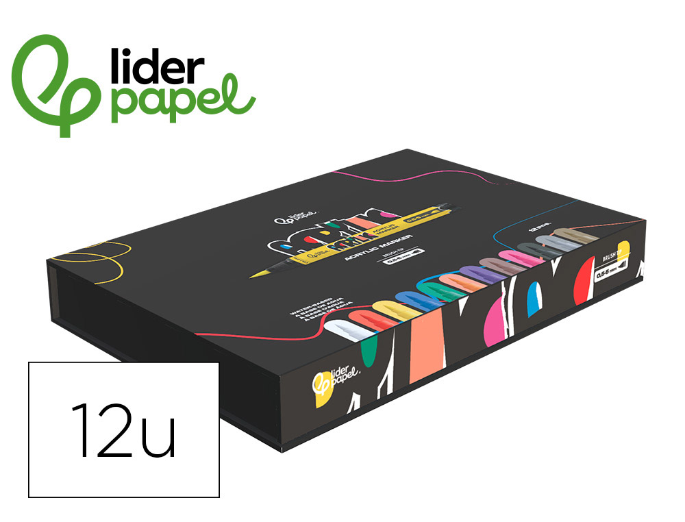 ROTULADOR LIDERPAPEL ACRYLIC BASE AGUA TODO TIPO DE SUPERFICIE PUNTA PINCEL CAJA DE 12 UNIDADES COLORES