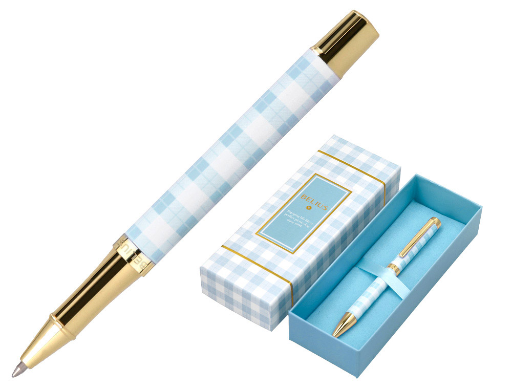 BOLIGRAFO BELIUS PERFECT PICNIC DAY ALUMINIO COLOR AZUL CELESTE DORADO TINTA AZULCAJA DE DISEO