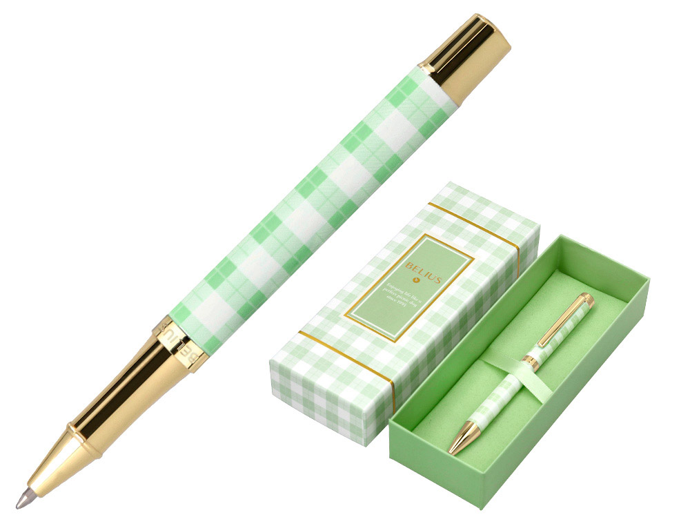BOLIGRAFO BELIUS PICNIC ALUMINIO COLOR VERDE DORADO TINTA COLOR AZUL CAJA DE DISEO
