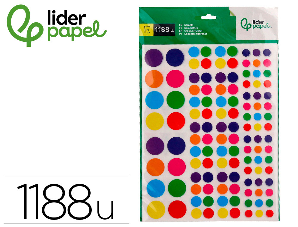 GOMETS LIDERPAPEL AUTOADHESIVO FIGURAS DE COLORES Y TAMAOS SURTIDOS BOLSA DE 10 HOJAS 1188 UNIDADES