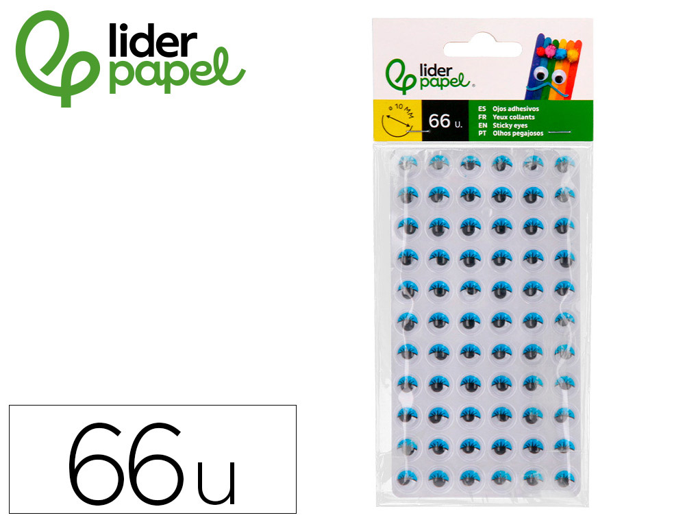 OJO ADHESIVO LIDERPAPEL 10 MM CON PUPILA NEGRA Y PESTAA DE COLOR AZUL PACK DE 66 UNIDADES