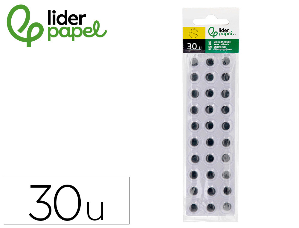 OJO ADHESIVO LIDERPAPEL 12 MM BLANCO CON PUPILA NEGRA PACK DE 30 UNIDADES