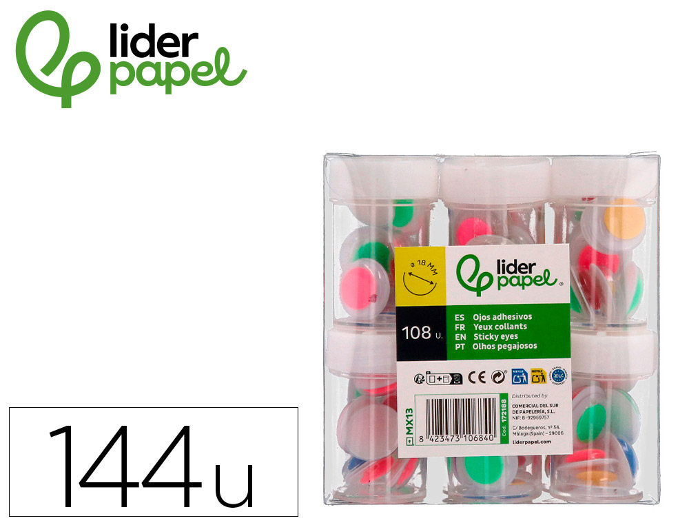 OJO LIDERPAPEL 18 MM BLANCO CON PUPILA DE COLORES SURTIDOS PACK DE 108 UNIDADES