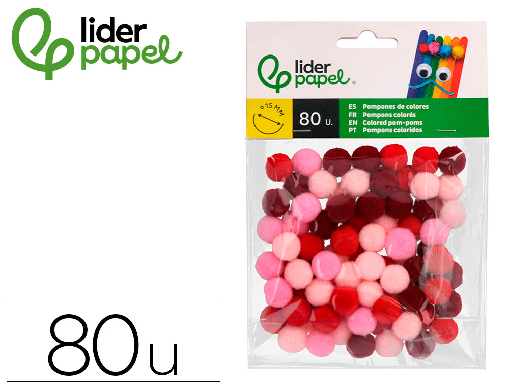 POMPONES DE COLORES LIDERPAPEL 1,5 CM TONALIDADES ROJAS BOLSA CON 80 UNIDADES