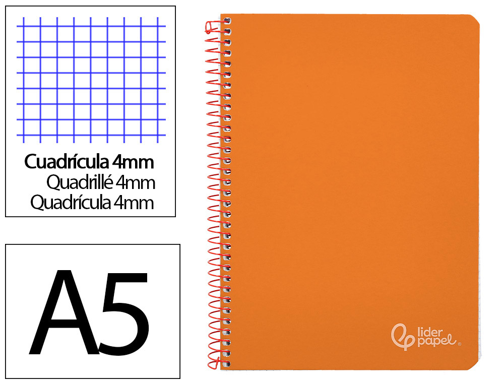 CUADERNO ESPIRAL LIDERPAPEL A5 WITTY TAPA DURA 80H 90GR CUADRO 4MM CON MARGEN COLOR NARANJA