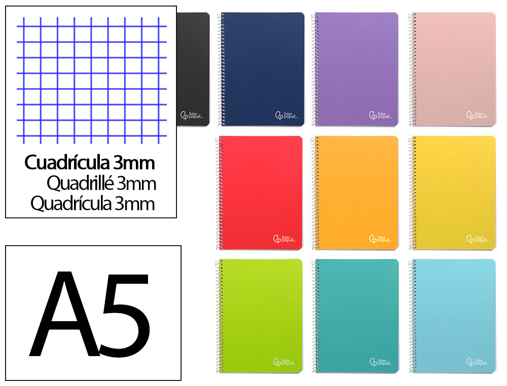 CUADERNO ESPIRAL LIDERPAPEL DIN A5 WITTY TAPA DURA 80H 90GR CUADRO 3MM CON MARGEN COLORES SURTIDOS