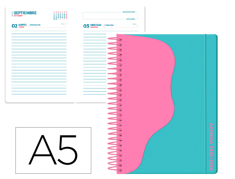 AGENDA ESCOLAR LIDERPAPEL 25-26 ESPIRAL WAVES AZUL TURQUESA DIA PAGINA A5 BILINGE PAPEL FSC 80 GR