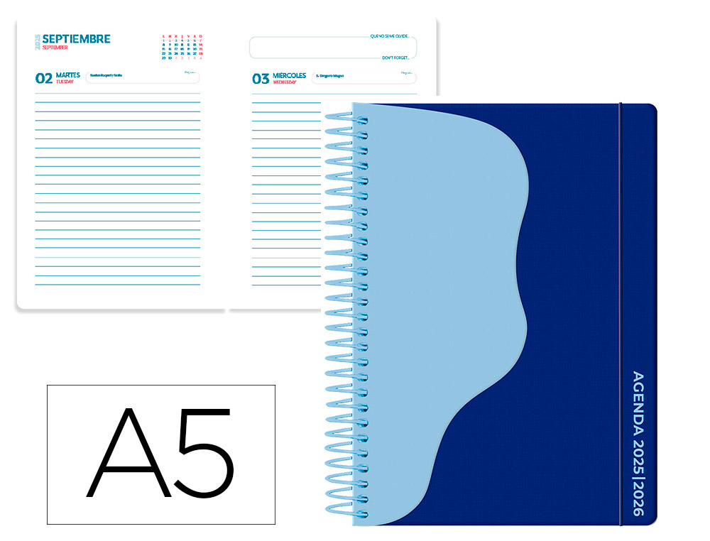 AGENDA ESCOLAR LIDERPAPEL 25-26 ESPIRAL WAVES AZUL OSCURO DIA PAGINA A5 BILINGE PAPEL FSC 80 GR