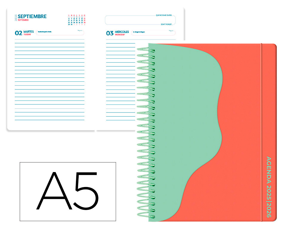 AGENDA ESCOLAR LIDERPAPEL 25-26 ESPIRAL WAVES ROJO DIA PAGINA A5 BILINGE PAPEL FSC 80 GR