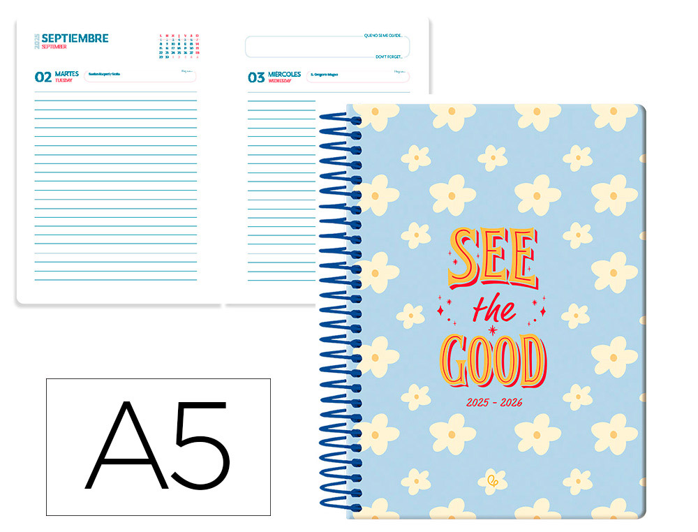 AGENDA ESCOLAR LIDERPAPEL 25-26 ESPIRAL PETITE FLORES DIA PAGINA A5 BILINGE PAPEL FSC 80 GR