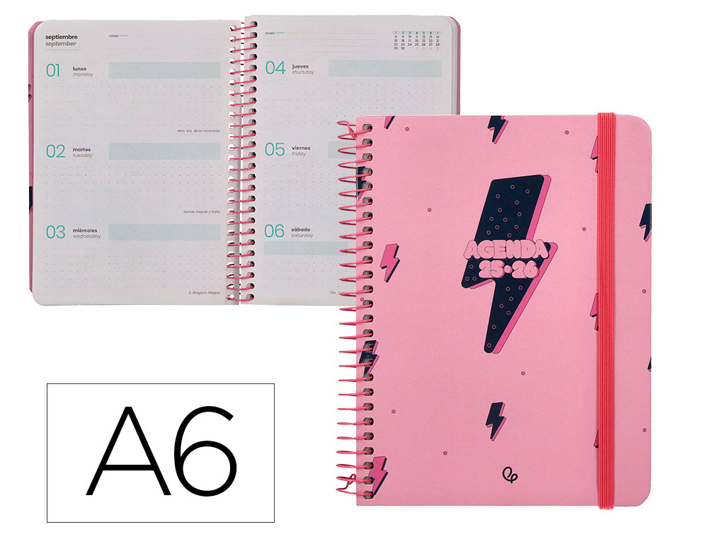 AGENDA ESCOLAR LIDERPAPEL 25-26 ESPIRAL PATTERNS RAYOS ROSA SEMANA VISTA A6 BILINGE PAPEL FSC 80 GR