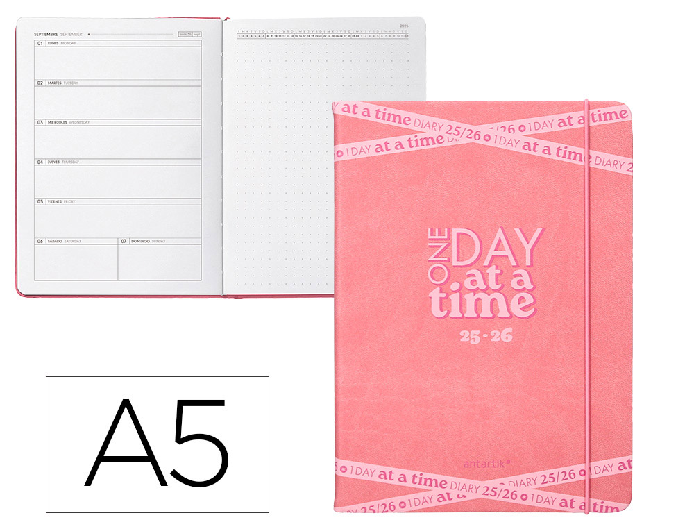 AGENDA ESCOLAR ANTARTIK 25-26 ENCUADERNADA GO! SIMIL PIEL ROSA SEMANA VISTA A5 BILINGE PAPEL FSC 80 GR