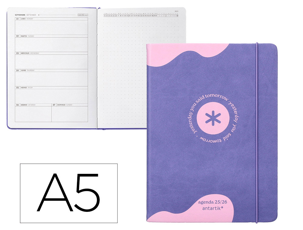 AGENDA ESCOLAR ANTARTIK 25-26 ENCUADERNADA GO! SIMIL PIEL MORADO SEMANA VISTA A5 BILINGE PAPEL FSC 80 GR