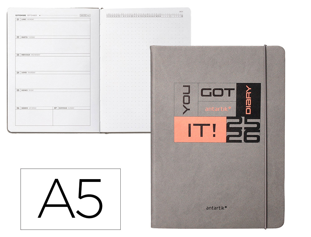 AGENDA ESCOLAR ANTARTIK 25-26 ENCUADERNADA GO! SIMIL PIEL GRIS SEMANA VISTA A5 BILINGE PAPEL FSC 80 GR