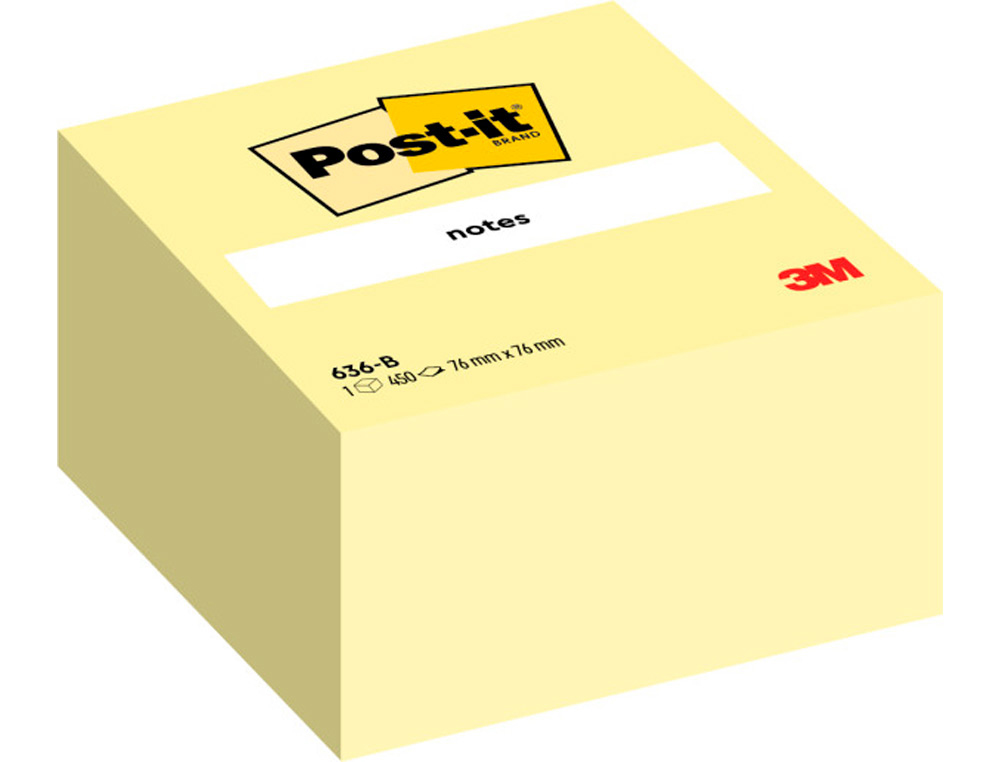 BLOC DE NOTAS ADHESIVAS QUITA Y PON POST-IT 76X76X45 MM CUBO COLOR AMARILLO 450 HOJAS