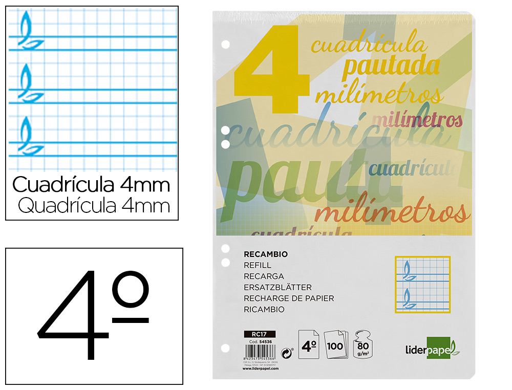 RECAMBIO LIDERPAPEL CUARTO PAUTAGUIA 100 HOJAS 75 G CUADRICULADO PAUTADO 4MM CON MARGEN 6 TALADROS