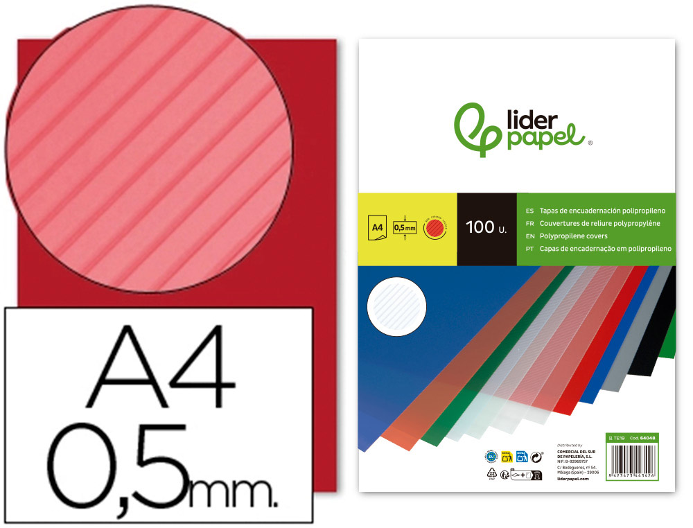 TAPA ENCUADERNACION LIDERPAPEL POLIPROPILENO RAYADO A4 0.5MM ROJO PAQUETE DE 100 UNIDADES