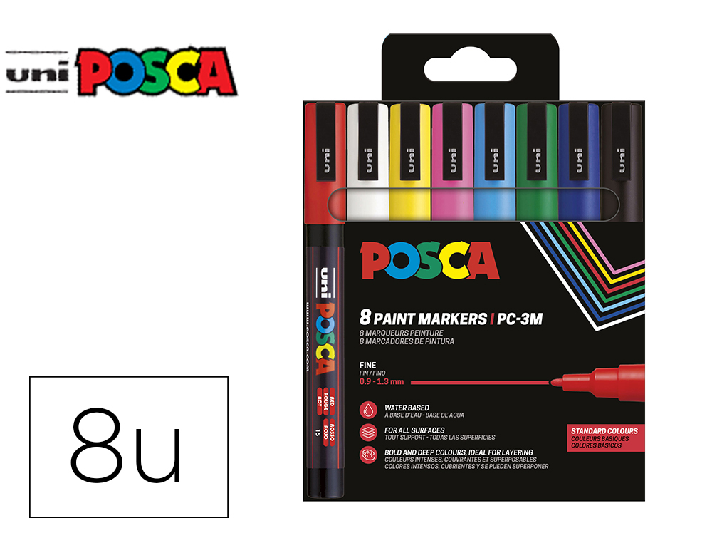 ROTULADOR UNI POSCA PC-3M MARCADOR DE PINTURA PUNTA CONICA 0,9-1,3 MM ESTUCHE DE 8 UNIDADES COLORES BASICOS