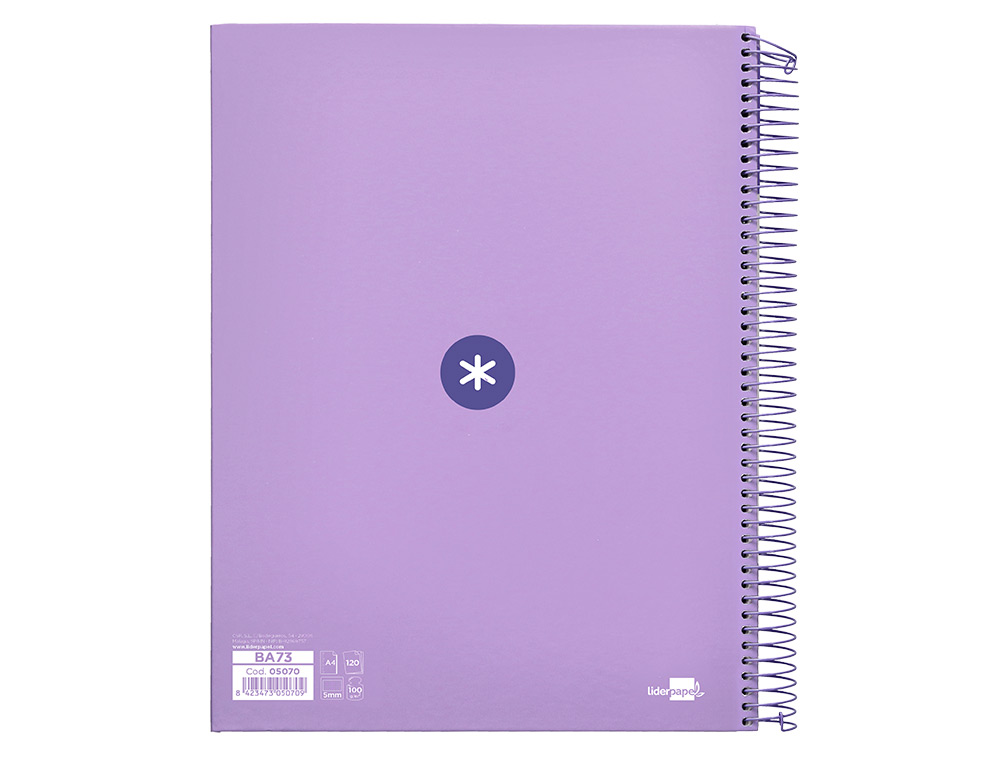 CUADERNO ESPIRAL A4 MICRO ANTARTIK TAPA FORRADA 120H 90 GR CUADRO 5MM 5 BANDAS 4 TALADROS COLOR LAVANDA