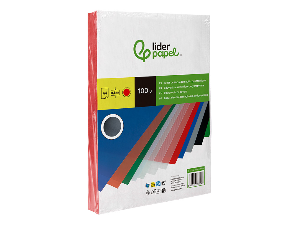 TAPA ENCUADERNACION LIDERPAPEL POLIPROPILENO A4 0.5MM ROJO OPACO PAQUETE DE 100 UNIDADES