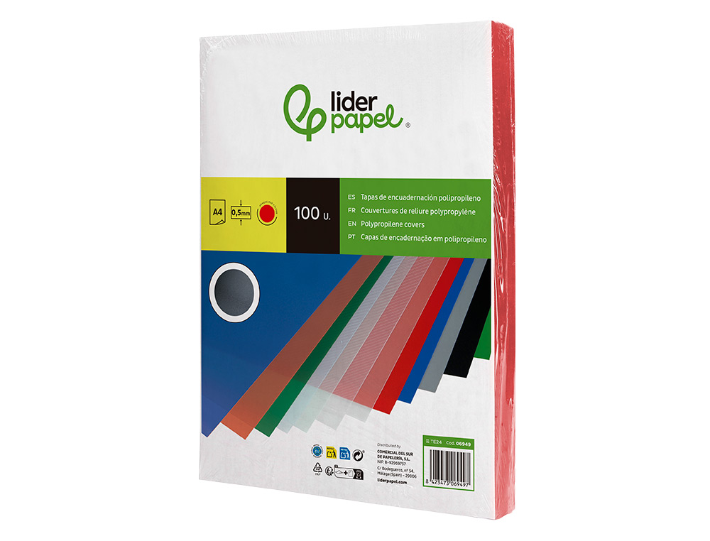 TAPA ENCUADERNACION LIDERPAPEL POLIPROPILENO A4 0.5MM ROJO OPACO PAQUETE DE 100 UNIDADES