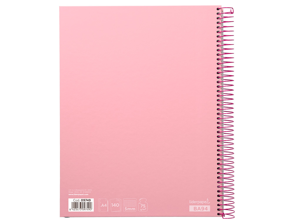CUADERNO ESPIRAL LIDERPAPEL A4 MICRO JOLLY TAPA FORRADA 140H 75 GR CUADRO 5MM 5 BANDAS 4 TALADROS COLOR ROSA