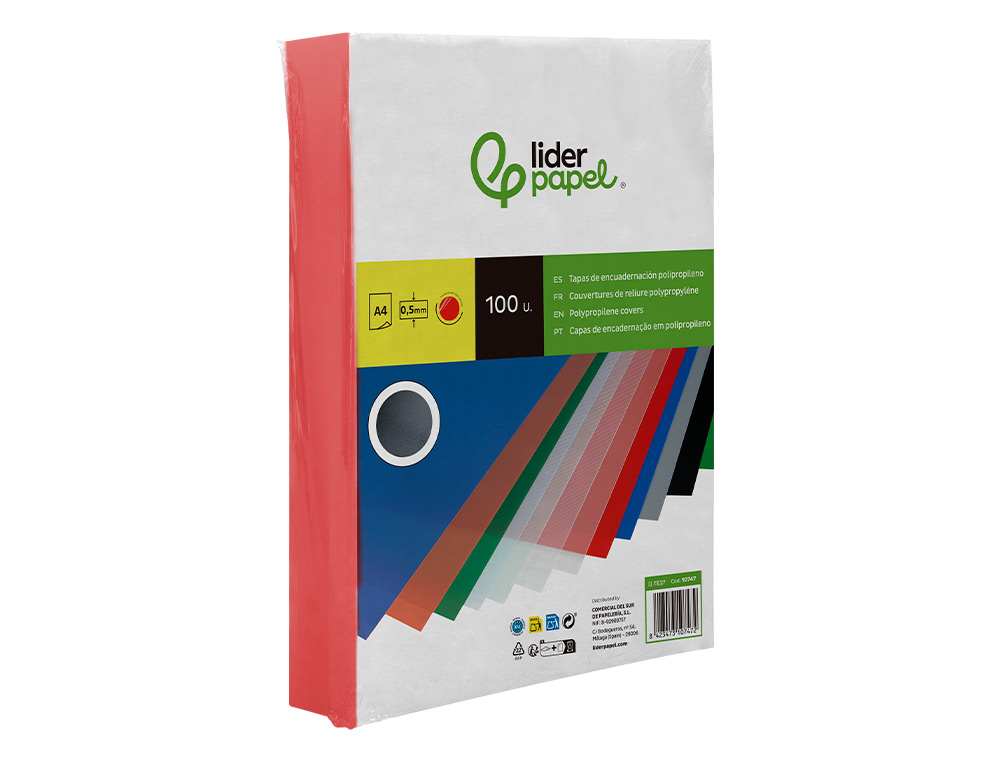 TAPA ENCUADERNACION LIDERPAPEL POLIPROPILENO A4 0.5 MM ROJO TRANSLUCIDO PAQUETE DE 100 UNIDADES