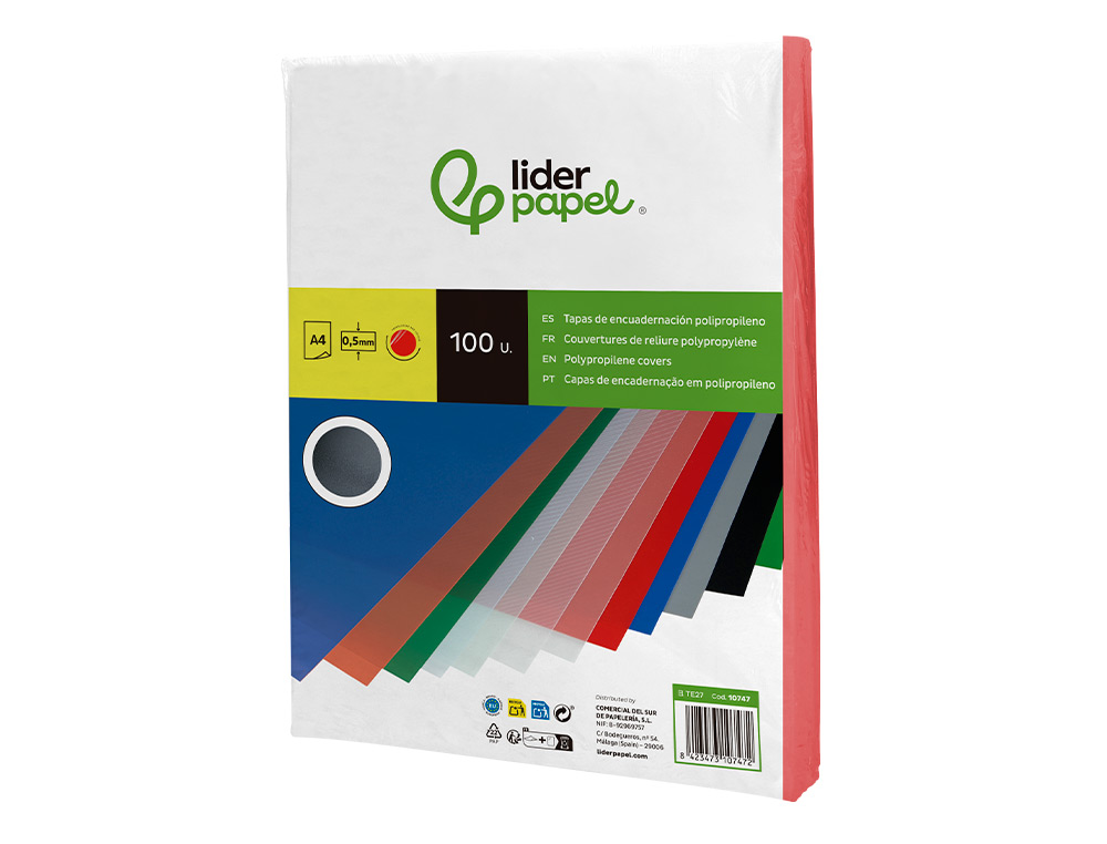 TAPA ENCUADERNACION LIDERPAPEL POLIPROPILENO A4 0.5 MM ROJO TRANSLUCIDO PAQUETE DE 100 UNIDADES