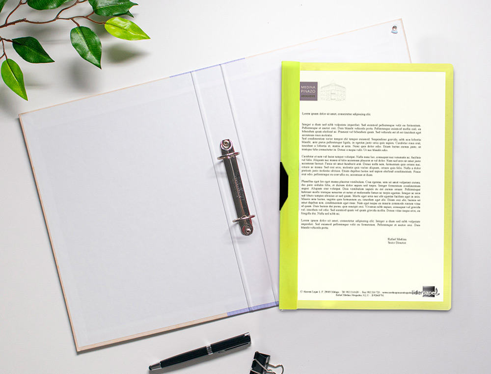 CARPETA LIDERPAPEL DOSSIER PINZA LATERAL POLIPROPILENO DIN A4 AMARILLO FLUOR OPACO 30 HOJAS PINZA DESLIZANTE