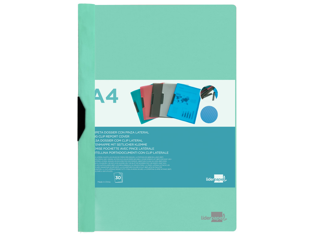 CARPETA LIDERPAPEL DOSSIER PINZA LATERAL POLIPROPILENO DIN A4 VERDE MANZANA OPACO 30 HOJAS PINZA DESLIZANTE