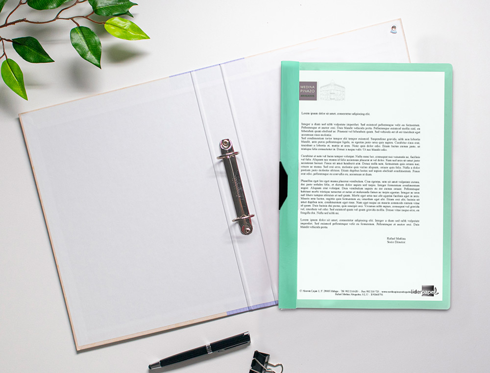 CARPETA LIDERPAPEL DOSSIER PINZA LATERAL POLIPROPILENO DIN A4 VERDE MANZANA OPACO 30 HOJAS PINZA DESLIZANTE