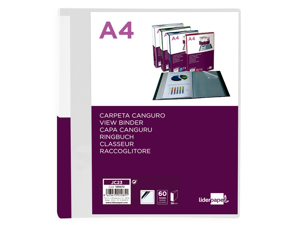 CARPETA LIDERPAPEL 60 FUNDAS CANGURO PP DIN A4 TRANSPARENTEPORTADA Y LOMO PERSONALIZABLE