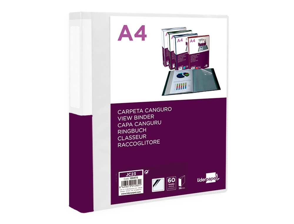 CARPETA LIDERPAPEL 60 FUNDAS CANGURO PP DIN A4 TRANSPARENTEPORTADA Y LOMO PERSONALIZABLE