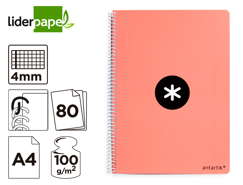CUADERNO ESPIRAL A4 ANTARTIK TAPA DURA 80H 90GR CUADRO 4MM CON MARGEN COLOR CORAL