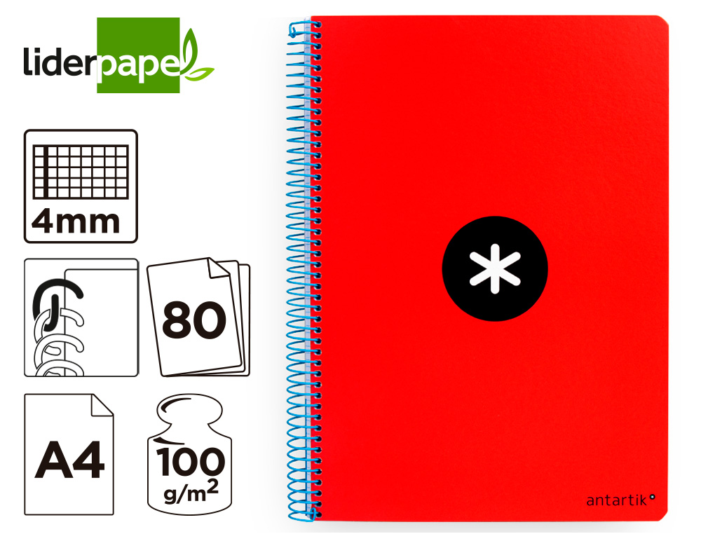 CUADERNO ESPIRAL A4 ANTARTIK TAPA DURA 80H 90GR CUADRO 4MM CON MARGEN COLOR ROJO