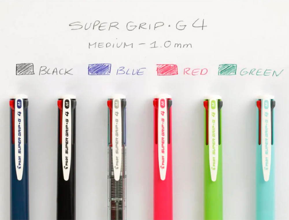 BOLIGRAFO PILOT SUPER GRIP G 4 COLORES RETRACTIL SUJECION DE CAUCHO TINTA BASE DE ACEITE CUERPO COLOR NEGRO