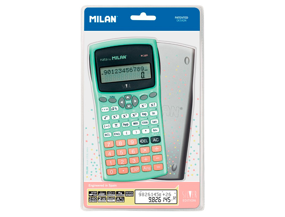 CALCULADORA MILAN CIENTIFICA M240 SILVER 2 LINEAS 240 FUNCIONES 10+2 DIGITOS COLOR VERDE TURQUESA CON TAPA COLOR